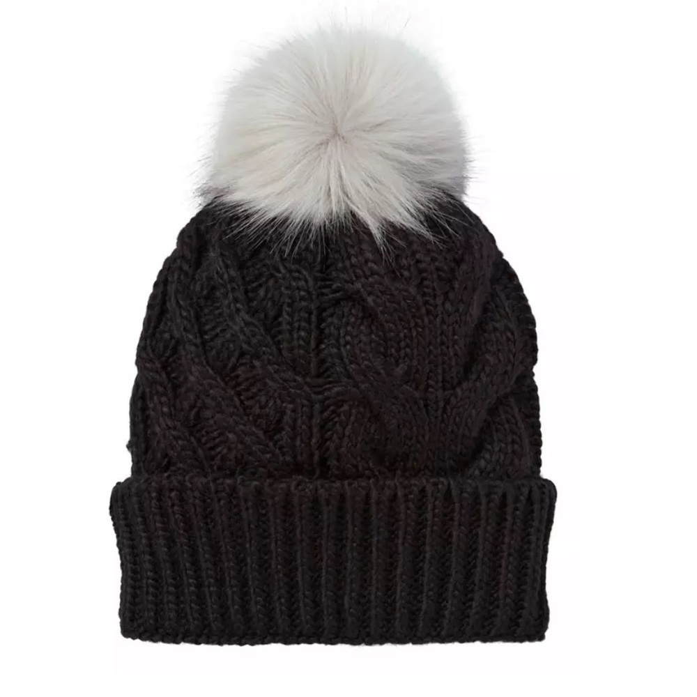 Calia black super soft cable knit beanie with a gray, fuzzy pom on top, new